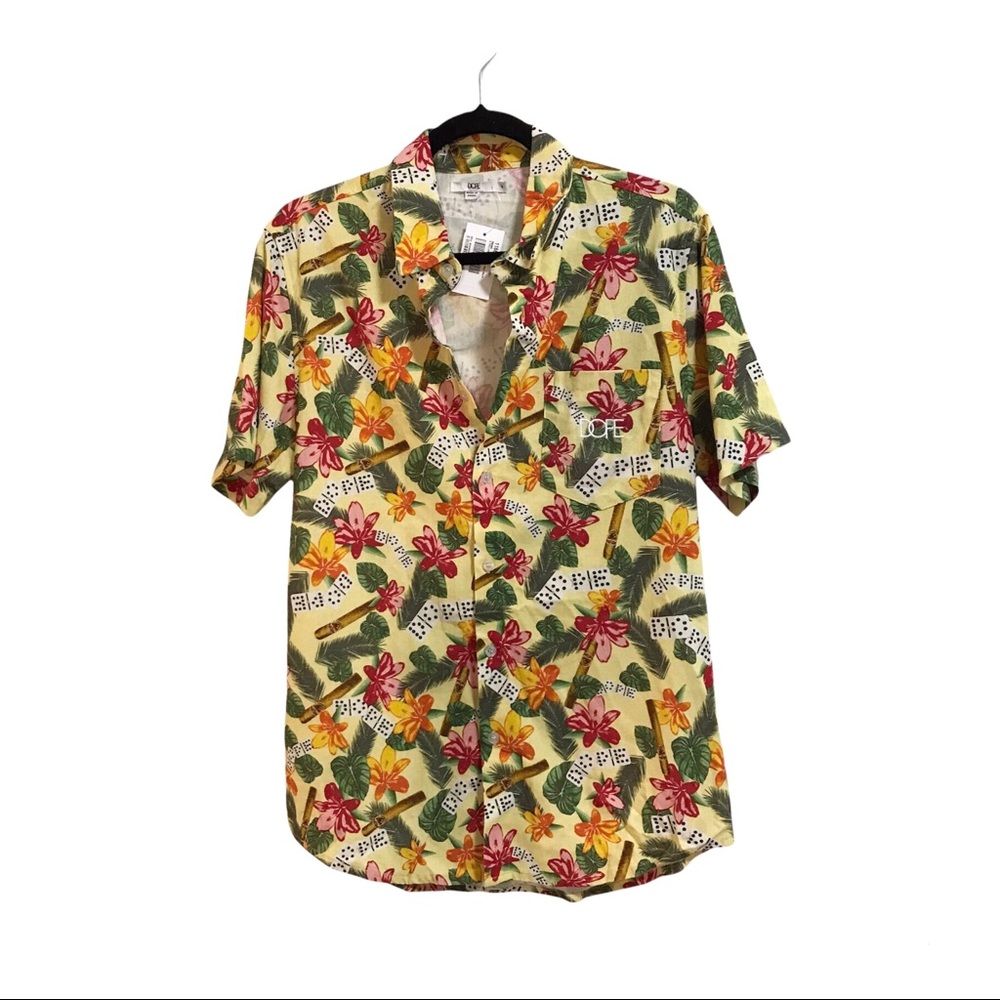 Dope Mens Hawaiian Button Down Short Sleeve Shirt, Yellow - Small